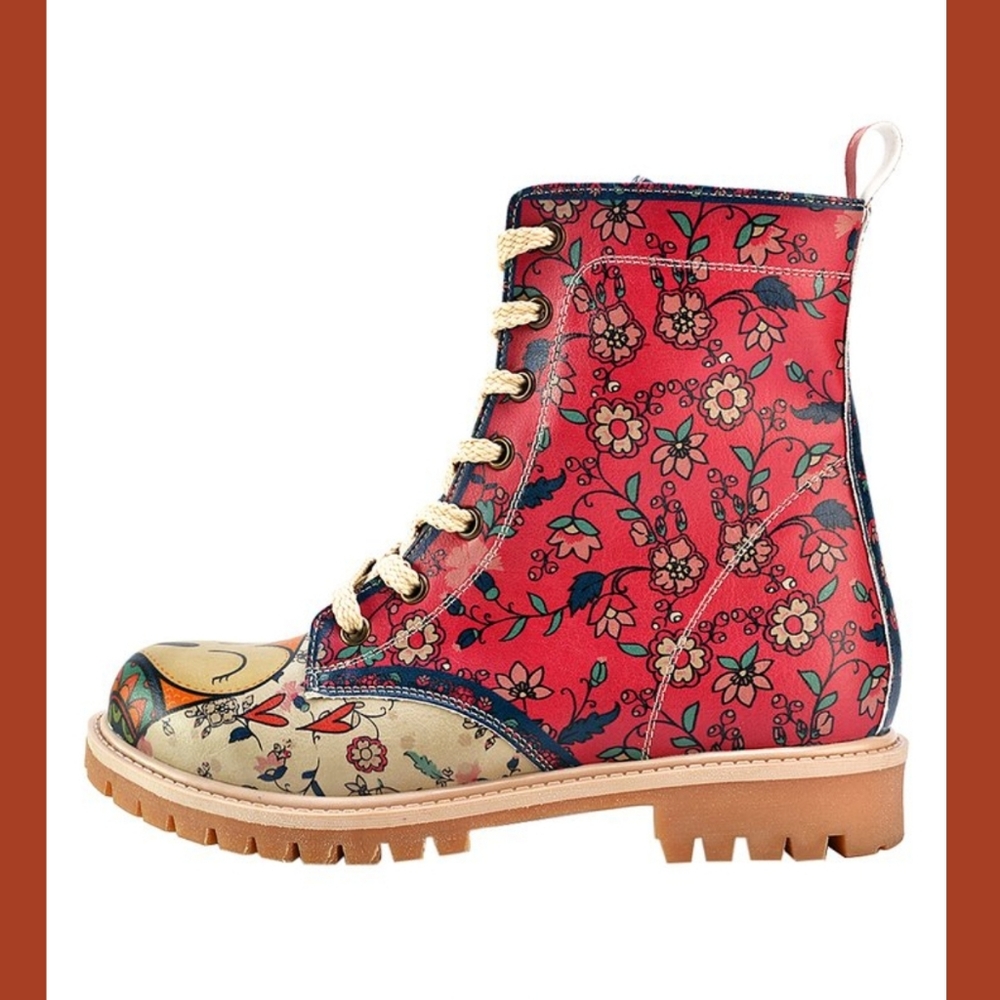 Goby Wise 🦉 Owl floral Lace up combat boots vegan faux leather Quirky RARE - Picture 5 of 15